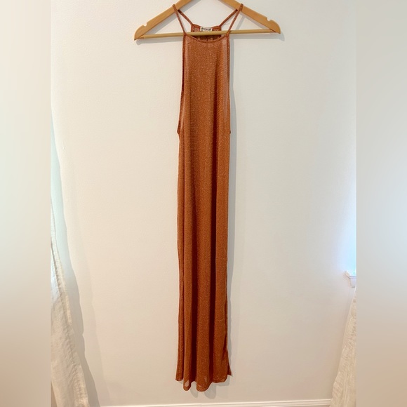 Free People Mesh Sheer Sparkle Metallic Bronze Slip Midi Dress NWOT - Picture 2 of 11